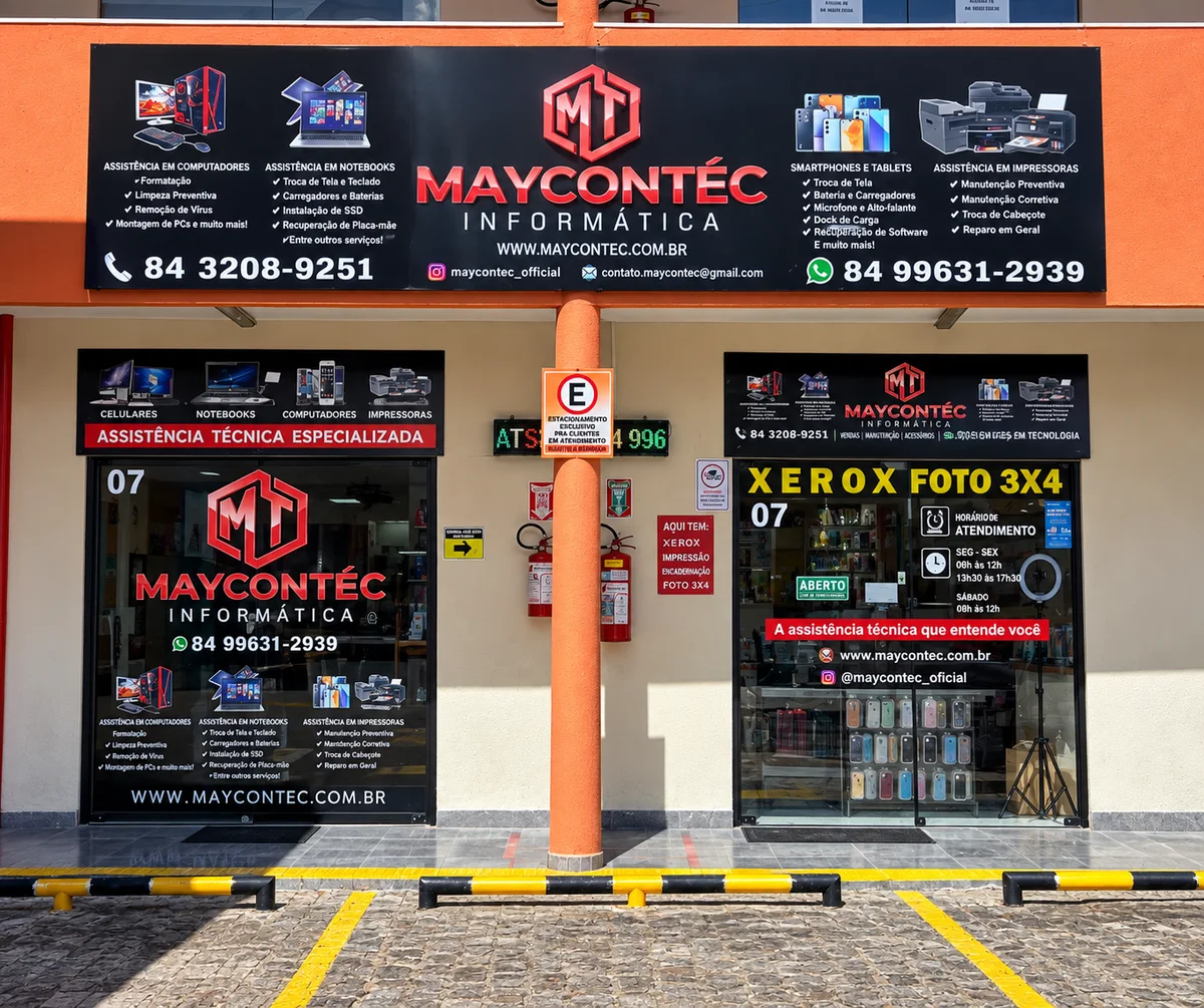 Fachada da Maycontéc Informática, Loja 07, na Galeria do Posto 30 de Setembro